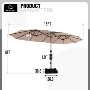 MFSTUDIO 15ft Double Sided Patio Umbrella with Base Included, Outdoor Large Rectangular Market Umbrellas with Crank Handle for Deck Pool Shade, Beige