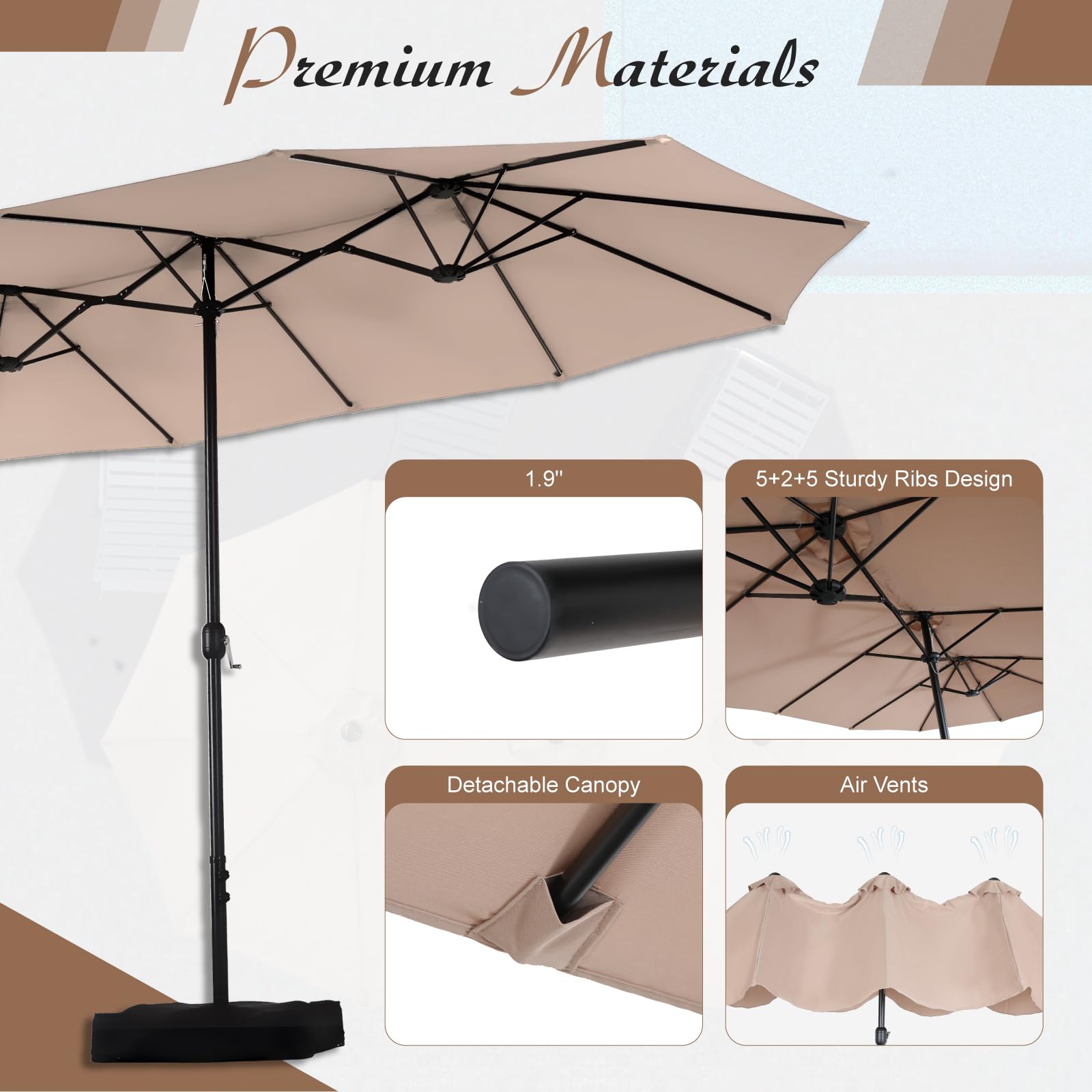 MFSTUDIO 15ft Double Sided Patio Umbrella with Base Included, Outdoor Large Rectangular Market Umbrellas with Crank Handle for Deck Pool Shade, Beige