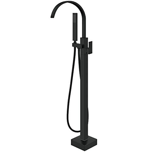 Aolemi Matte Black Freestanding Tub Filler Bathtub Faucet Floor Mounted Bathroom Waterfall Tap Brass Swivel Spout Single Handle with Handheld Shower