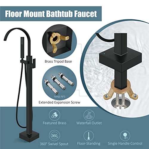 Aolemi Matte Black Freestanding Tub Filler Bathtub Faucet Floor Mounted Bathroom Waterfall Tap Brass Swivel Spout Single Handle with Handheld Shower