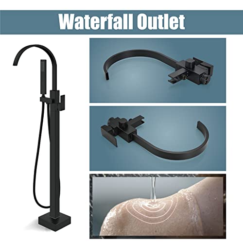 Aolemi Matte Black Freestanding Tub Filler Bathtub Faucet Floor Mounted Bathroom Waterfall Tap Brass Swivel Spout Single Handle with Handheld Shower