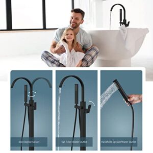 Aolemi Matte Black Freestanding Tub Filler Bathtub Faucet Floor Mounted Bathroom Waterfall Tap Brass Swivel Spout Single Handle with Handheld Shower