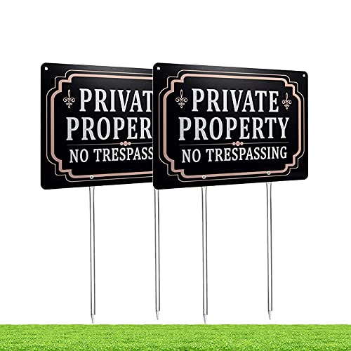 Kichwit 2 Pack Private Property No Trespassing Sign, Aluminum, 12" x 8", 14" Metal Stakes Included (2)