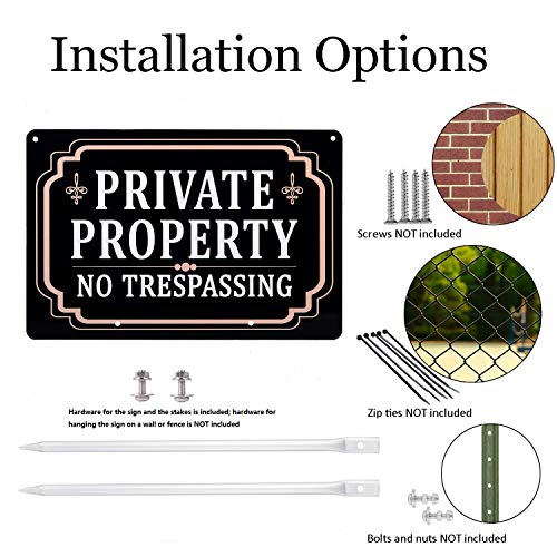 Kichwit 2 Pack Private Property No Trespassing Sign, Aluminum, 12" x 8", 14" Metal Stakes Included (2)