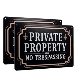 Kichwit 2 Pack Private Property No Trespassing Sign, Aluminum, 12" x 8", 14" Metal Stakes Included (2)