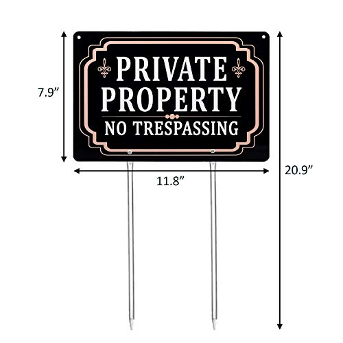 Kichwit 2 Pack Private Property No Trespassing Sign, Aluminum, 12" x 8", 14" Metal Stakes Included (2)