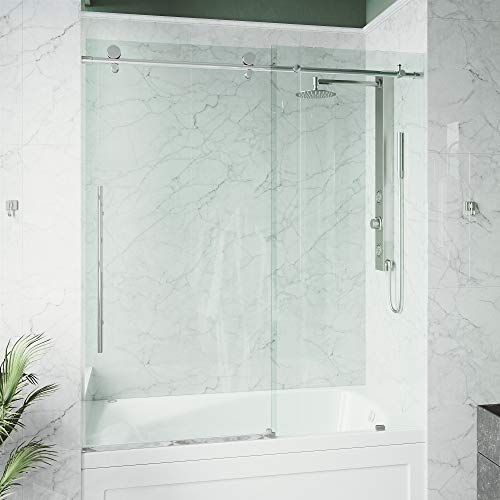 VIGO Adjustable 56-60" W x 66" H Elan E-Class Frameless Sliding Rectangle Tub Door with Clear Tempered Glass, Reversible Door Handle and Stainless Steel Hardware in Chrome-VG6021CHCL6066