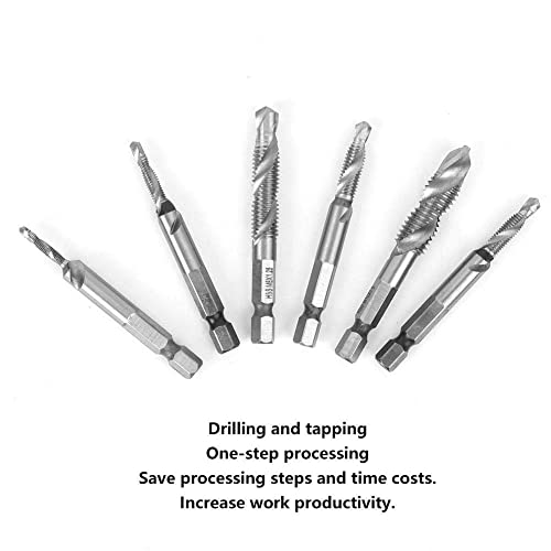 6PCs Hex Shank Screw Taps Metric Drilling Tapping Tools M3x0.5/M4x0.7/M5x0.8/M6x1/M8x1.25/M10x1.5(Silver)