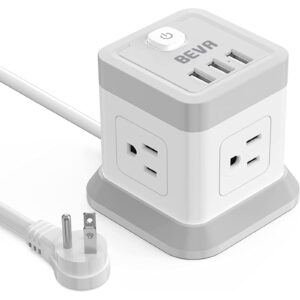 Power Strip with 4 Outlets 3 USB Ports, BEVA Cube Extension Cord Flat Plug Small Desktop Charging Station with 5ft Power Cable Multi Protection for Travel, Cruise Ship, Office, Dorm Room Grey