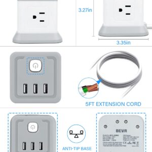 Power Strip with 4 Outlets 3 USB Ports, BEVA Cube Extension Cord Flat Plug Small Desktop Charging Station with 5ft Power Cable Multi Protection for Travel, Cruise Ship, Office, Dorm Room Grey