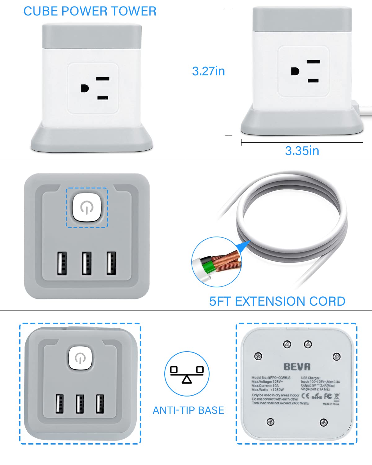 Power Strip with 4 Outlets 3 USB Ports, BEVA Cube Extension Cord Flat Plug Small Desktop Charging Station with 5ft Power Cable Multi Protection for Travel, Cruise Ship, Office, Dorm Room Grey