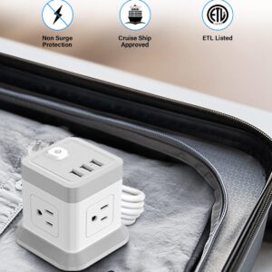 Power Strip with 4 Outlets 3 USB Ports, BEVA Cube Extension Cord Flat Plug Small Desktop Charging Station with 5ft Power Cable Multi Protection for Travel, Cruise Ship, Office, Dorm Room Grey