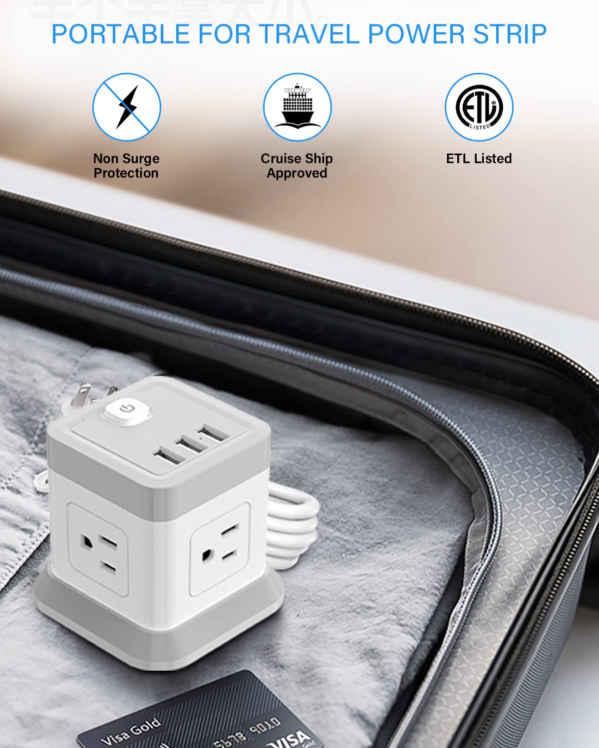 Power Strip with 4 Outlets 3 USB Ports, BEVA Cube Extension Cord Flat Plug Small Desktop Charging Station with 5ft Power Cable Multi Protection for Travel, Cruise Ship, Office, Dorm Room Grey