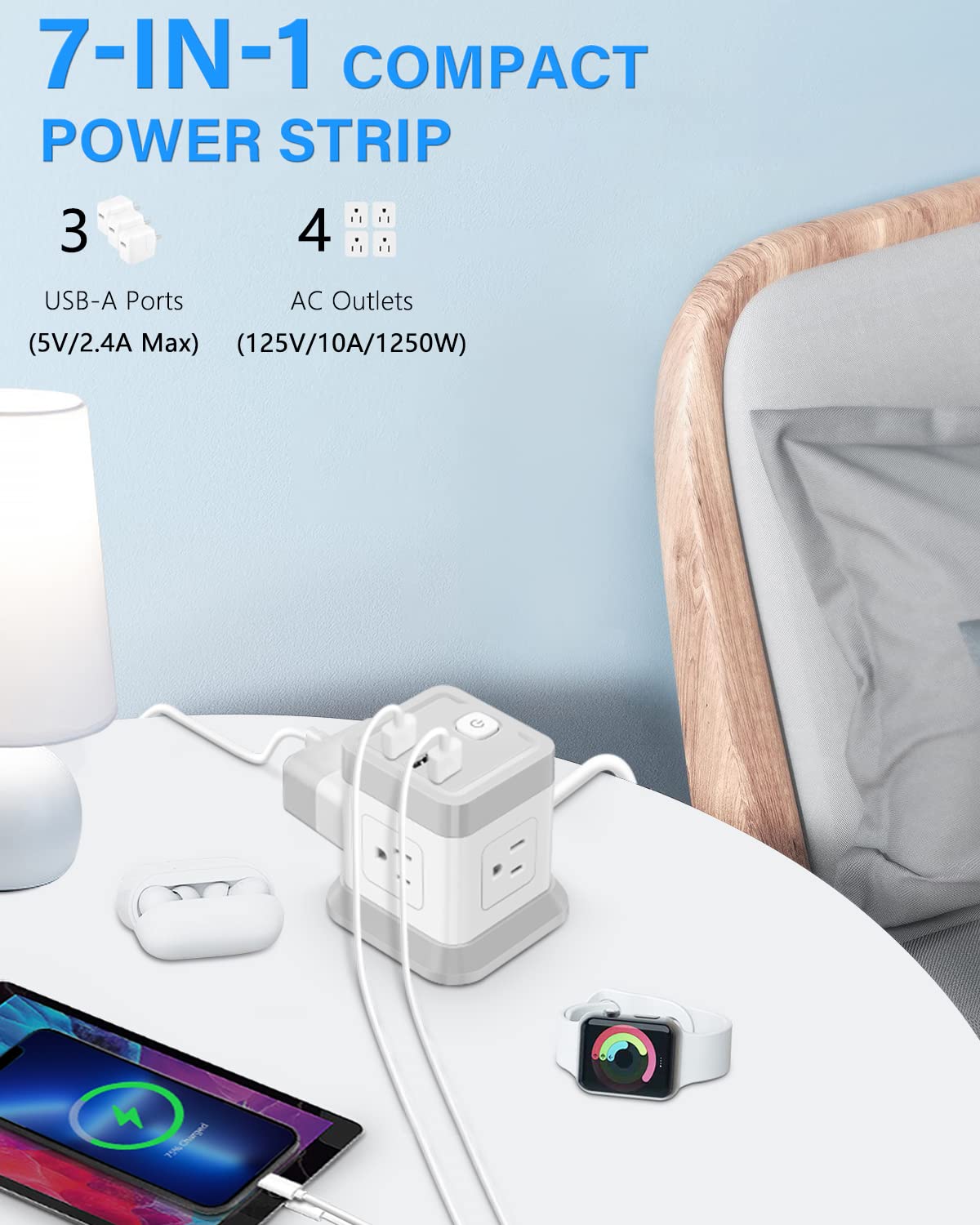 Power Strip with 4 Outlets 3 USB Ports, BEVA Cube Extension Cord Flat Plug Small Desktop Charging Station with 5ft Power Cable Multi Protection for Travel, Cruise Ship, Office, Dorm Room Grey
