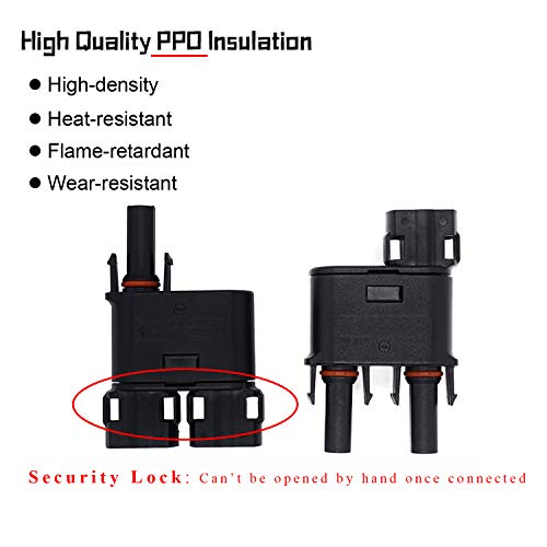 Slocable T Y Branch Connector IP68 Waterproof 1000V 1500V Solid Copper Terminal in PV Solar Series or Parallel Circuits 1 Pairs (2to1 Branch)