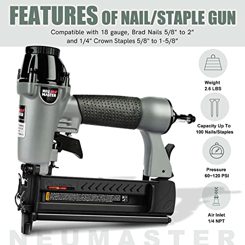 Pneumatic Brad Nailer, NEU MASTER 2 in 1 Nail Gun Staple Gun Fires 18 Gauge 2 Inch Brad Nails and Crown 1-5/8 inch Staples with Carrying Case and Safety Glasses