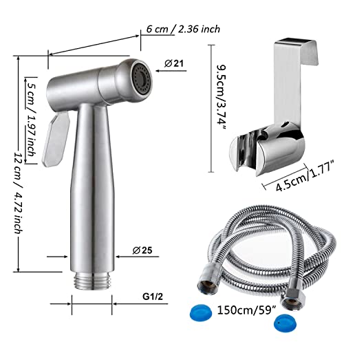 Handheld Bidet Sprayer Toilet Kit, Stainless Steel Muslim Shower and Baby Cloth Diaper Sprayer Kit + 150CM Hose and Hook up Toilet or Wall Mount