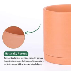 POTEY Terracotta Planter with Drainage Hole and Saucer - 6 Inch 5 Inch 4 Inch Indoor Cylindrical Plants Flower Containers Unglazed Clay Pots - Set of 3, 222231