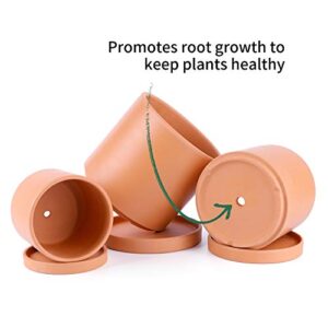 POTEY Terracotta Planter with Drainage Hole and Saucer - 6 Inch 5 Inch 4 Inch Indoor Cylindrical Plants Flower Containers Unglazed Clay Pots - Set of 3, 222231