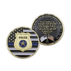 law enforcement police coin, thin blue line challenge coin, pocket token of appreciation and protection. gold-color plated challenge coin
