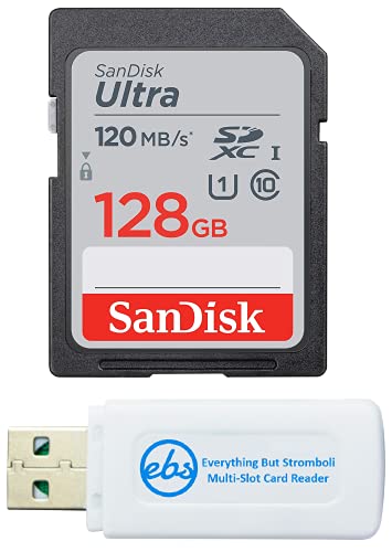 SanDisk SDXC Ultra 128GB Memory Card for Camera Panasonic Lumix Works with G7, GX85, GX80, GX7 Mark II, DC-G100, DC-G110 (SDSDUN4-128G-GN6IN) Bundle with (1) Everything But Stromboli SD Card Reader