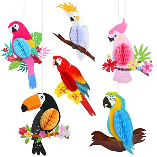 KESOTE 6 Pieces Hawaiian Tropical Parrot Bird Honeycomb Hanging Party Decorations, Summer Tiki Bar Party Decor, Rainforest Decorations Garden Yard Room Decor