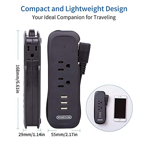 Small Power Strip with USB - NTONPOWER 2 Outlets 3 USB Portable Desktop Charging Station with 15 inches Wrapped Short Extension Cord, Compact Travel Power Strip for for Hotel, Cruise, Home and Office