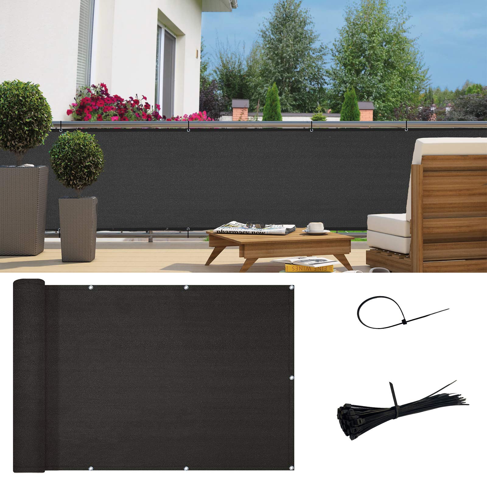 SUNNY GUARD 3'x10' Black Balcony Privacy Screen Fence, Apartments Railing Screen, Heavy Duty Wind Screen for Outdoor,Deck,Backyard,Patio