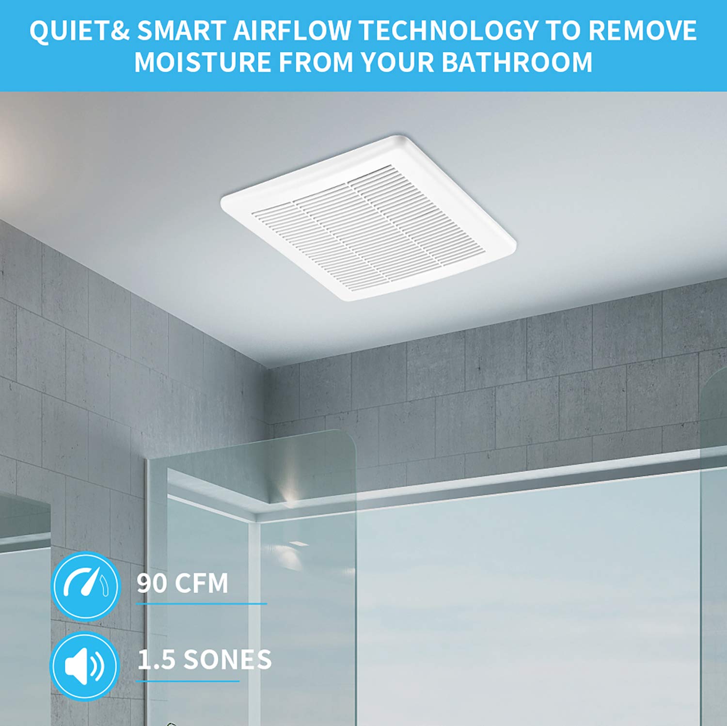 Tech Drive Very-Quiet Bathroom Ventilation and Exhaust Fan 90 CFM 1.5 Sone, Ceiling Mounted Fan,White Plastic Grille