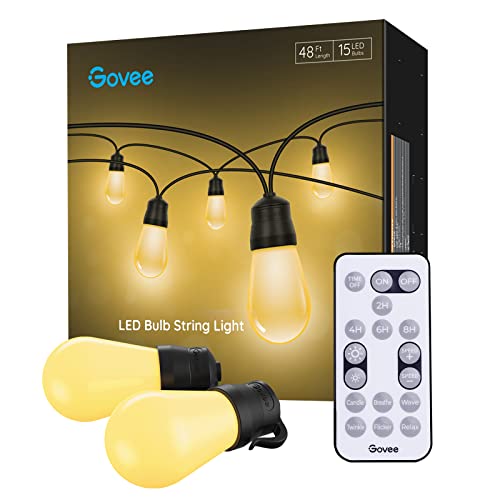 Govee Outdoor String Lights, 48ft IP65 Waterproof Shatterproof Christmas Lights with 15 Dimmable Warm Yellow LED Bulbs, Remote Control Holiday Lights for Balcony, Backyard, Party