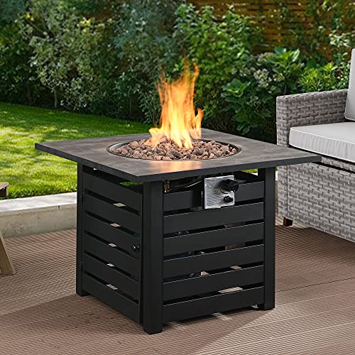 Ehomeline Fire Pit Table, 32” Square 40,000 BTU Auto-Ignition Propane Gas Fire Pit with Waterproof Cover for Courtyard Balcony Garden Terrace, Grey Ceramic Tabletop, CSA Certificationp