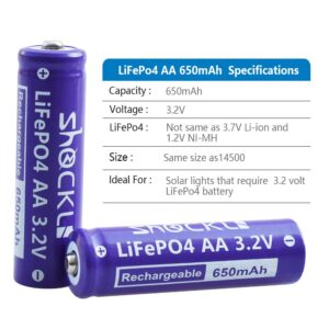 funkawa (2- Pack) Shockli AA 3.2 Volts LiFePo4 650mAh Rechargeable Battery, Lithium Iron Phosphate 3.2V Solar Batteries - Ideal for Solar Garden Light