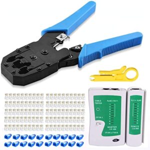 gaobige rj45 crimp tool kit, cat5 cat5e crimping tool with 100pcs rj45 cat5 connectors, 20pcs rj45 cat5 cat6 connector covers, cable tester, network wire stripper