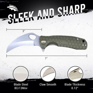 Western Active HB1123 Honey Badger Pocket Knife Folding Flipper EDC Deep Pocket Carry for Outdoor Tactical Knife Survival Camping Medium Green Claw Smooth 8Cr13Mov