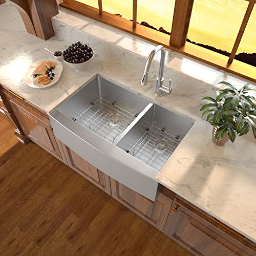 33 Double Farmhouse Sink - Sarlai 33 Inch Kitchen Sink Double Bowl 60/40 Stainless Steel 16 Gauge Round Corner Farm Kitchen Sink