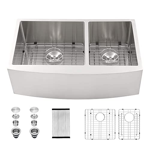 33 Double Farmhouse Sink - Sarlai 33 Inch Kitchen Sink Double Bowl 60/40 Stainless Steel 16 Gauge Round Corner Farm Kitchen Sink