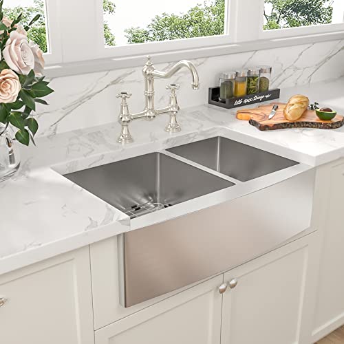 33 Double Farmhouse Sink - Sarlai 33 Inch Kitchen Sink Double Bowl 60/40 Stainless Steel 16 Gauge Round Corner Farm Kitchen Sink