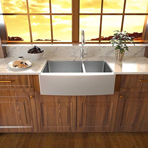 33 Double Farmhouse Sink - Sarlai 33 Inch Kitchen Sink Double Bowl 60/40 Stainless Steel 16 Gauge Round Corner Farm Kitchen Sink