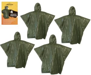 emergency blanket & rain poncho - 4 pack, mylar thermal survival gear for heat retention - lightweight - army green - adventure supply co.