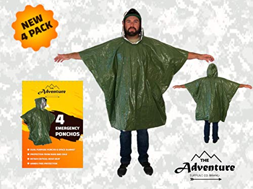 Emergency Blanket & Rain Poncho - 4 Pack, Mylar Thermal Survival Gear for Heat Retention - Lightweight - Army Green - Adventure Supply Co.