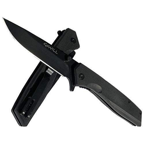 Pocket Folding Clip Knife Black Ti Coating Blade Black G10 Handle Flip Open Everyday Carry for Camping, Hiking, Hunting, Fishing, Outdoors, Best Gift for Men, Women, Kids, Boy Scouts, BF, Dad (Black)