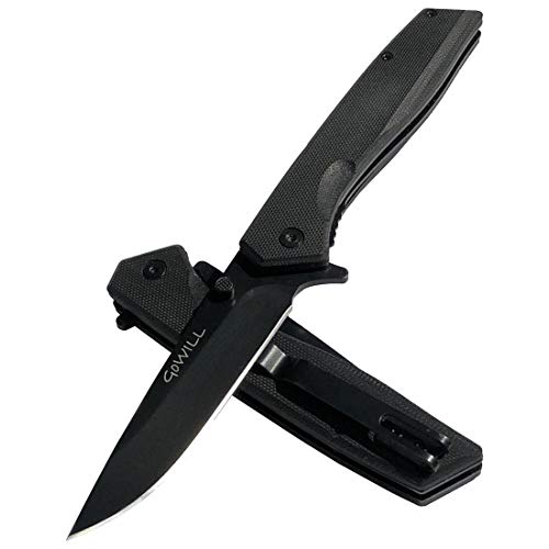 Pocket Folding Clip Knife Black Ti Coating Blade Black G10 Handle Flip Open Everyday Carry for Camping, Hiking, Hunting, Fishing, Outdoors, Best Gift for Men, Women, Kids, Boy Scouts, BF, Dad (Black)