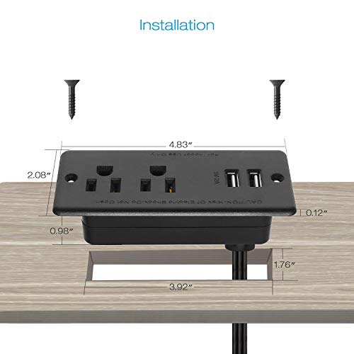 Recessed Power Strip Flat Plug, Desk Outlet with USB, ETL Listed Conference Outlet Socket with 2 AC Plugs, 2 USB Ports Connect with 6ft Power Cord for Furniture, Home, Office(Black)