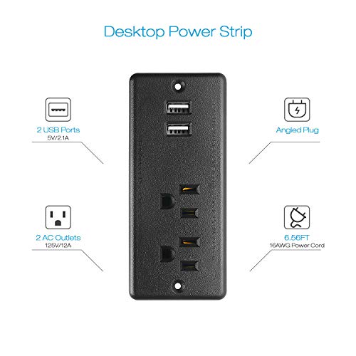 Recessed Power Strip Flat Plug, Desk Outlet with USB, ETL Listed Conference Outlet Socket with 2 AC Plugs, 2 USB Ports Connect with 6ft Power Cord for Furniture, Home, Office(Black)