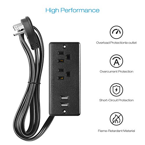 Recessed Power Strip Flat Plug, Desk Outlet with USB, ETL Listed Conference Outlet Socket with 2 AC Plugs, 2 USB Ports Connect with 6ft Power Cord for Furniture, Home, Office(Black)