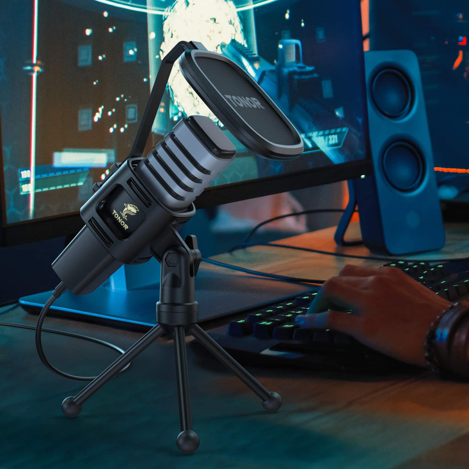 TONOR USB Microphone, Cardioid Condenser Mic with Tripod Stand, Pop Filter, Shock Mount, Compatible with Windows, MacOS, Linux, Ideal for Gaming, Streaming, Podcasting, YouTube, Voice Over, Twitch