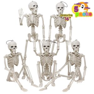joyin posable halloween skeletons, full body posable joints skeletons 5 packs for halloween decoration, graveyard decorations, haunted house accessories, indoor/outdoor spooky scene party favors