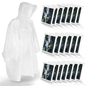 disposable rain ponchos for adult, waterproof plastic and drawstring hood, clear (20 pack)