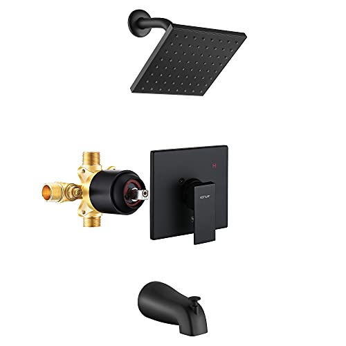 Esnbia Tub Shower Faucet Set (Valve Included) with 6-Inch Rain Shower Head and Tub Spout, Single-Handle Tub and Shower Trim Kit, Matte Black