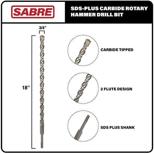 Sabre Tools 3/4 Inch x 18 Inch SDS Plus Rotary Hammer Drill Bit, Carbide Tipped for Brick, Stone, and Concrete (3/4" x 16" x 18")